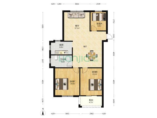 安家兴花园 3室1厅1卫 112平方