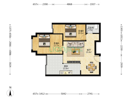 香山路苑 2室1厅1卫 77平方