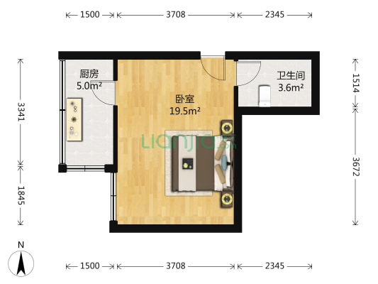 美丽的院子 1室0厅1卫 39平方
