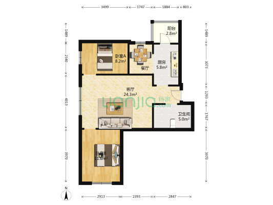 北岸润和城二期 2室2厅1卫 90平方