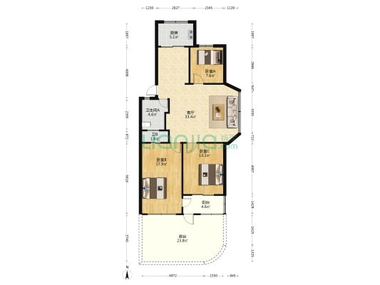 豪成花园 3室1厅2卫 109平方
