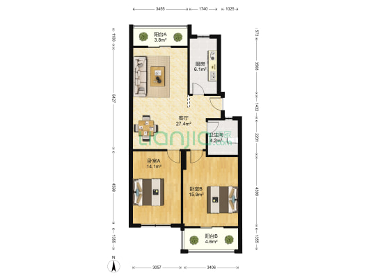 日月山水东区 2室1厅1卫 90平方