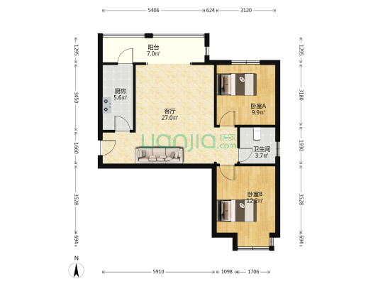 渔人码头 2室1厅1卫 90平方