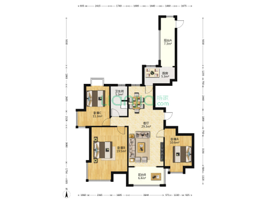 绿地世纪城一期 3室1厅1卫 122平方