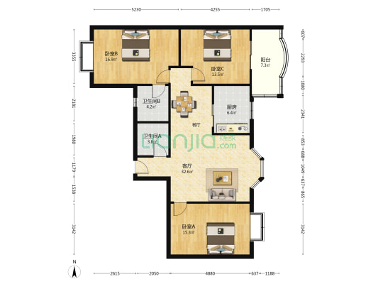 华丰庭园 3室1厅2卫 115平方