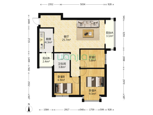 虹祥花郡A区 3室1厅1卫 83平方