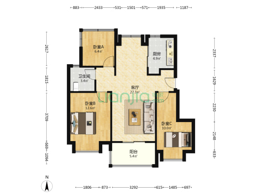 龙湖春江紫宸北区 3室1厅1卫 88平方