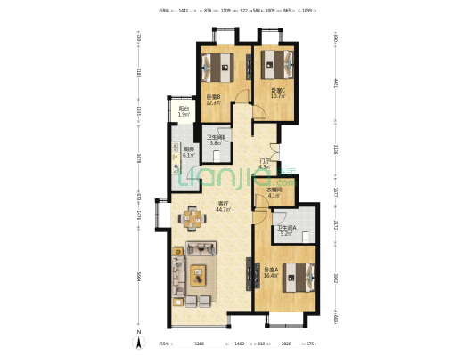 玉廊东园 3室1厅2卫 152平方