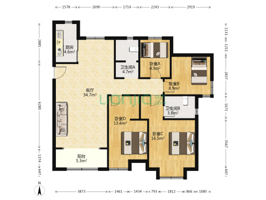 锦绣城睿园 4室1厅2卫 132平方