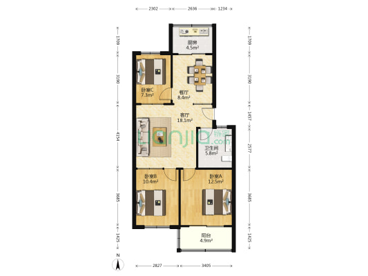 酿造厂小区 3室2厅1卫 90平方