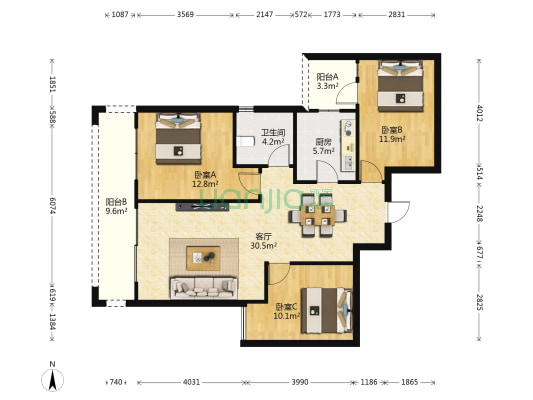 远大美域 3室1厅1卫 108平方