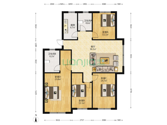 镇西花园 4室1厅2卫 136平方