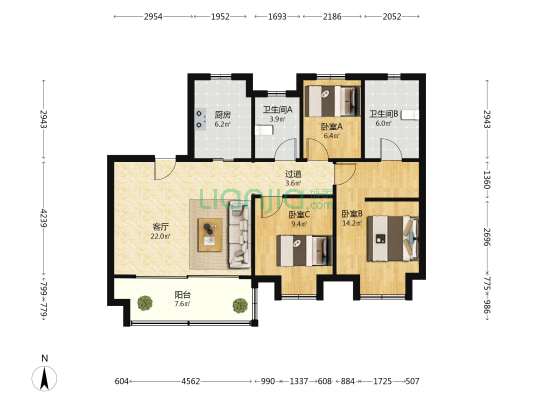 宝龙世家C区 3室1厅2卫 104平方