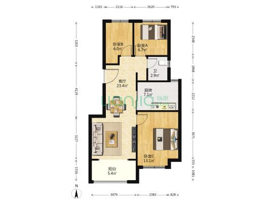 金地风华大境 3室1厅1卫 89平方