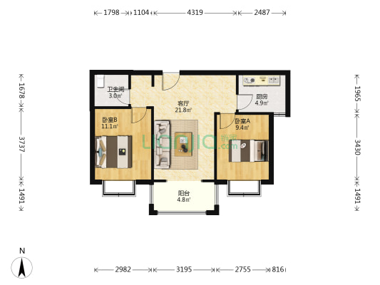 阳光尚都 2室1厅1卫 82平方