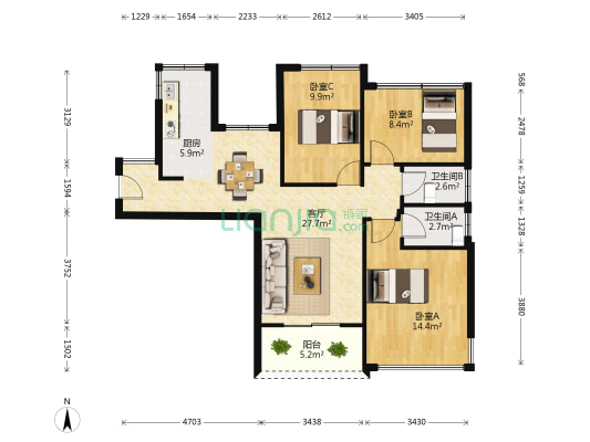 天筑米兰 3室1厅2卫 89平方