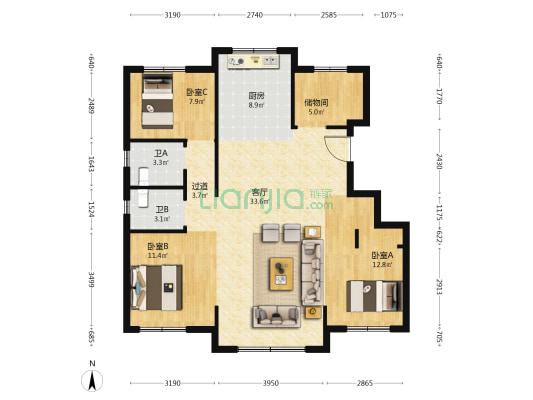 南城桃源 3室1厅2卫 116平方