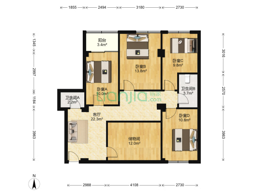 皇冠公寓 4室1厅2卫 127平方