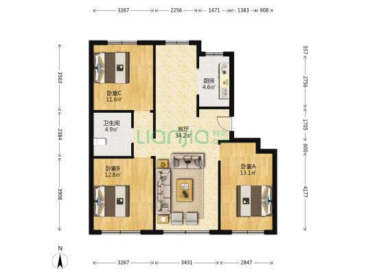 中海盛世城玉笙府 3室1厅1卫 96平方