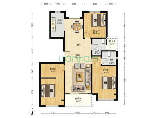 中建云栖苑 3室1厅2卫 121平方