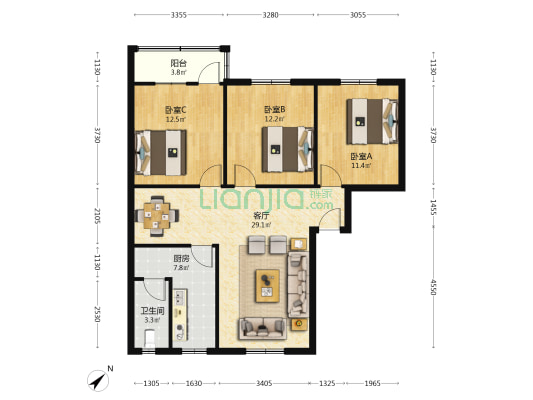 桃花源小区 3室1厅1卫 95平方