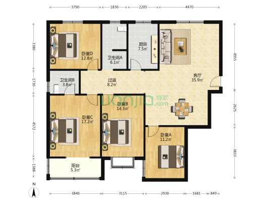 经北一路123号 4室1厅2卫 160平方