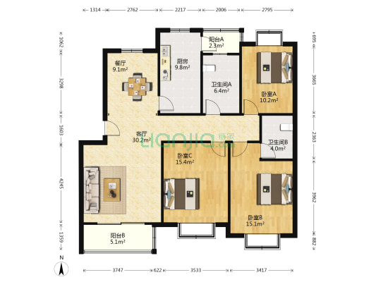 曙光北苑 3室2厅2卫 129平方