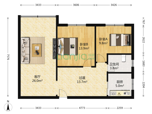 典雅苑 2室1厅1卫 86平方