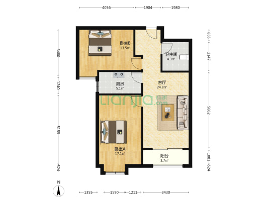 德信公园北侧 翡翠滨江 南向两居室-户型图