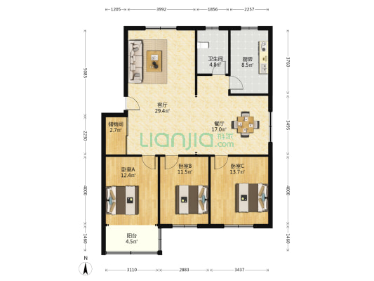华云新村 3室2厅1卫 128平方