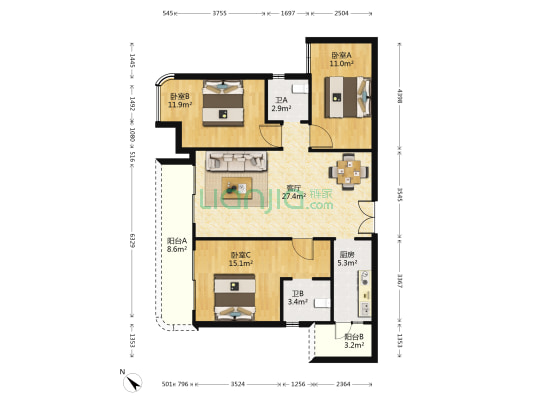 星悦北恒紫云 3室1厅2卫 107平方