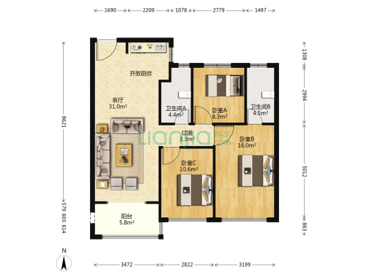 文锦城翰林府 3室1厅2卫 109平方