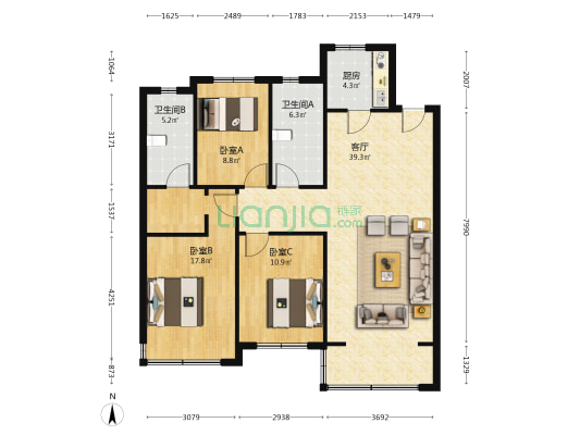 远洋锦唐 3室1厅2卫 128平方