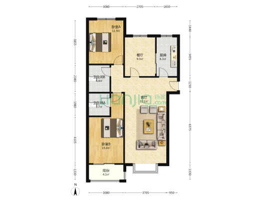 名流全南两居，自住装修拎包入住，满五，有车位-户型图