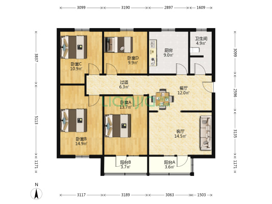 人民中路一段14号 4室2厅1卫 119平方