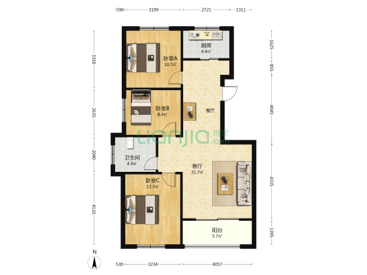 国际花园 3室1厅1卫 103平方