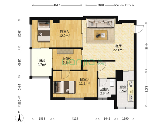 皇岛中环 3室1厅1卫 88平方