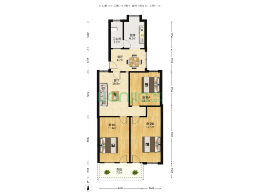 江西省工会住宅小区 3室2厅1卫 102平方