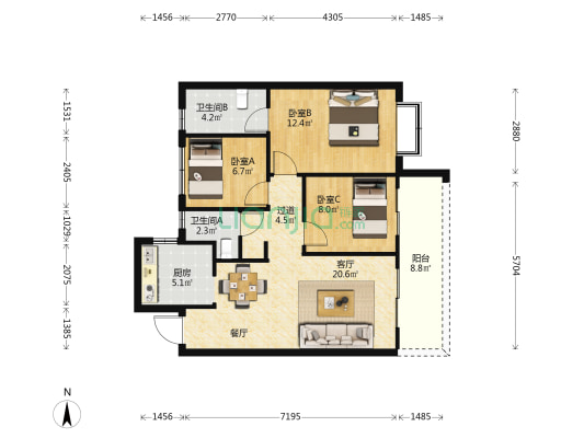建投学府 3室1厅2卫 89平方