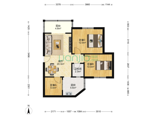 黄金堡普通住宅小区 3室1厅1卫 72平方