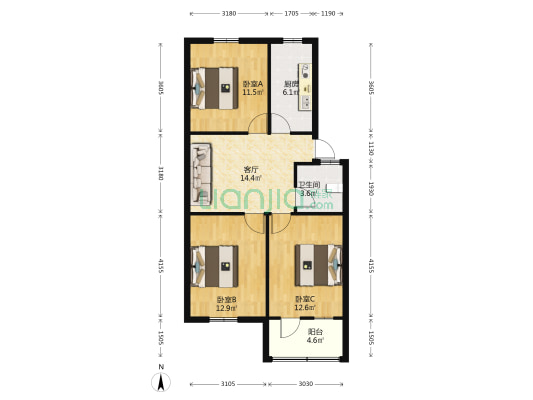 十里教委宿舍 3室1厅1卫 81平方