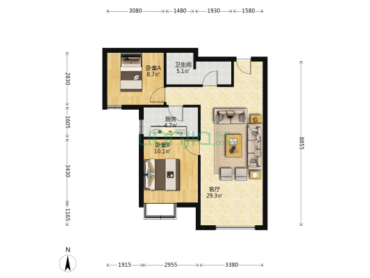 三利中和城二期C区 2室1厅 南 北-户型图