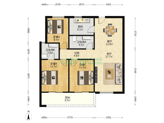滋水朝阳 3室2厅2卫 120平方