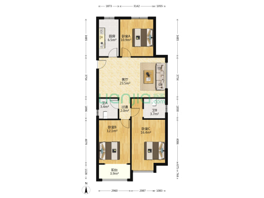 和扬万悦城 3室1厅2卫 107平方