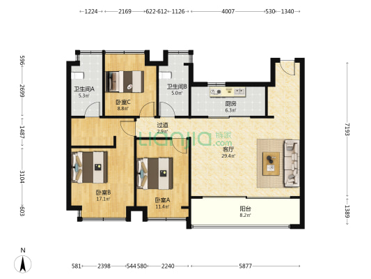 嘉璟峰庭悦邸 3室1厅2卫 123平方