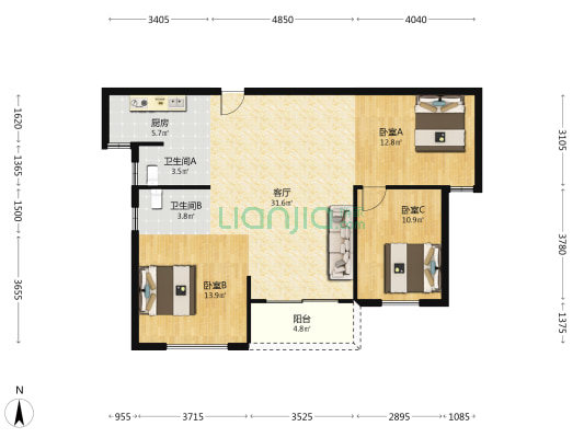 金前华庭 3室1厅2卫 116平方
