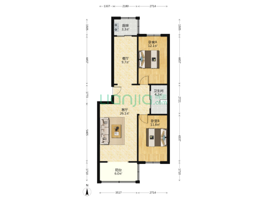 朝阳路旁 水乡园 南北通透两居室 中等装修 房本满五-户型图