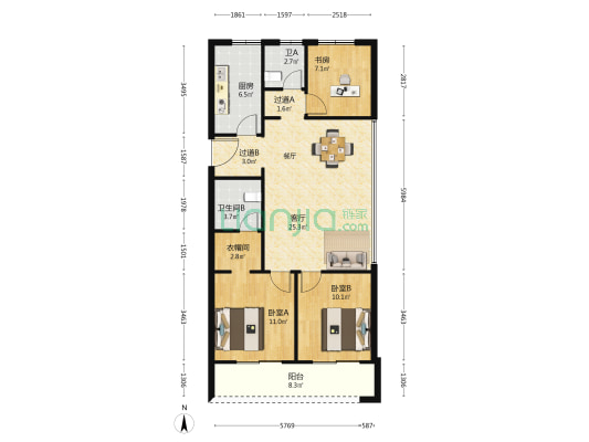 云望里 3室1厅2卫 110平方