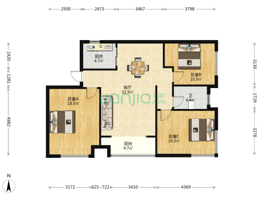 丰溪水街 3室1厅1卫 110平方