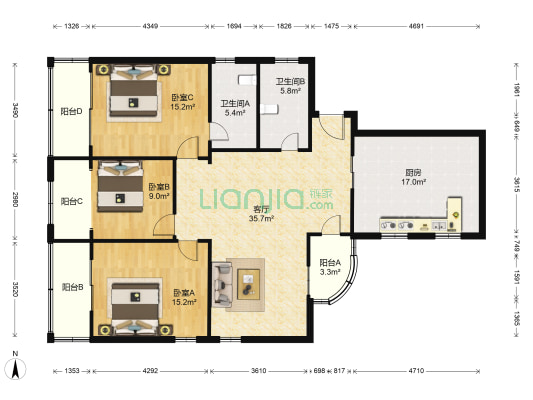 锦南花苑 3室1厅2卫 164平方